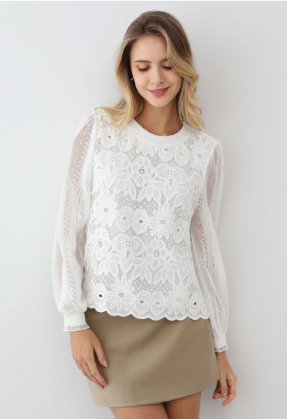 Floral Lace Embroidered Sheer Sleeve Top in White