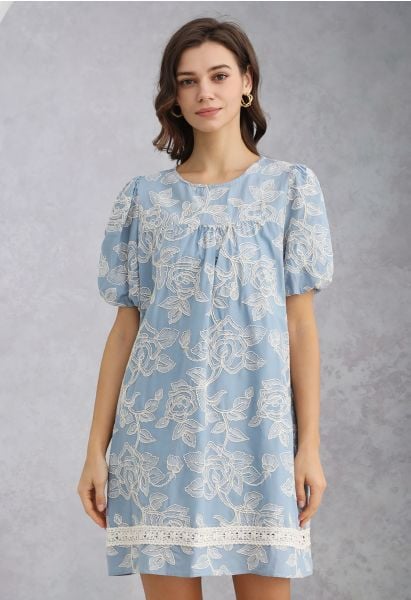 Sequins Trim Floral Embroidered Dolly Dress in Light Blue