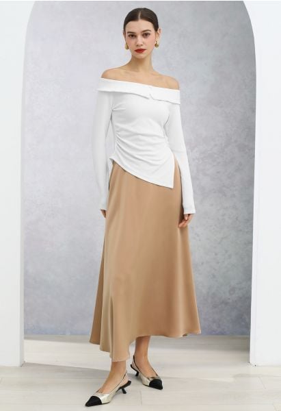 Timeless Elegance Satin A-Line Maxi Skirt in Tan