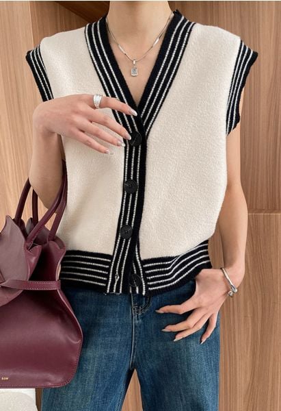 Contrast Striped Edge V-Neck Buttoned Knit Vest in Ivory