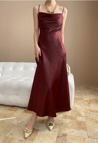 Texture Jacquard Drape Neck Satin Cami Dress in Burgundy