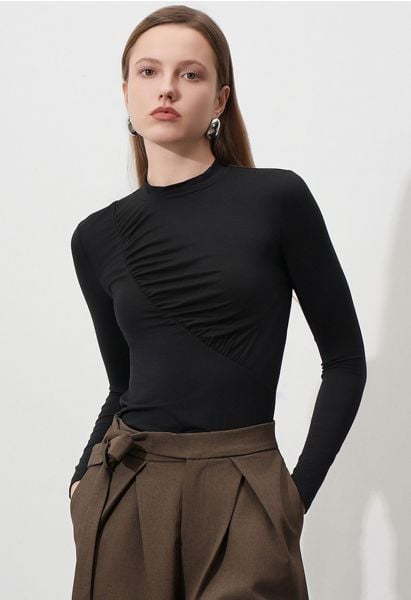 Ruched Accent Mock Neck Fitted Top in Black