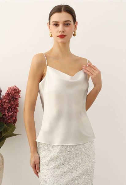 Drape Neck Satin Cami Crop Top in Ivory