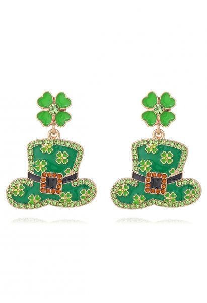 Four-Leaf Clover Leprechaun Hat Rhinestone Earrings