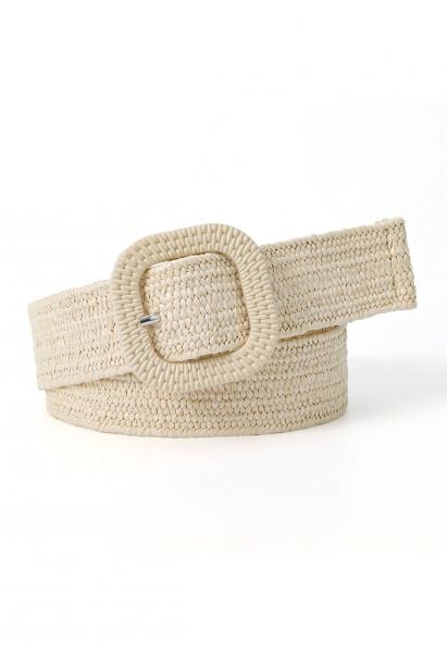 Square Buckle Woven Straw Belt in Linen