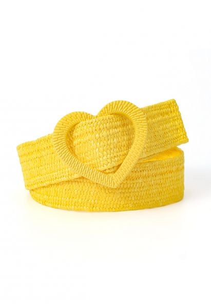 Heart Buckle Woven Straw Belt in Yellow