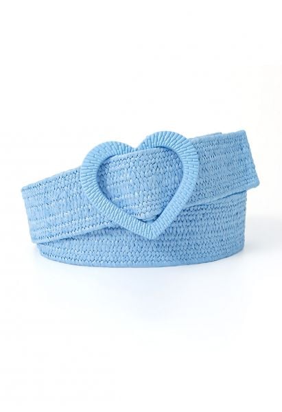 Heart Buckle Woven Straw Belt in Blue