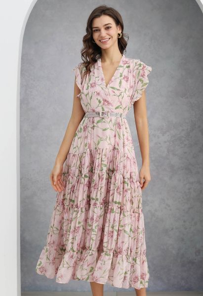 Lily Printed Belted Faux-Wrap Chiffon Maxi Dress in Pink