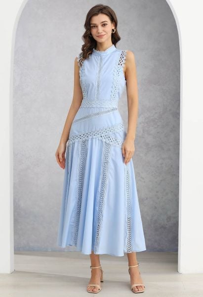 Dive into Elegance Lace Panelled Sleeveless Dress in Baby Blue