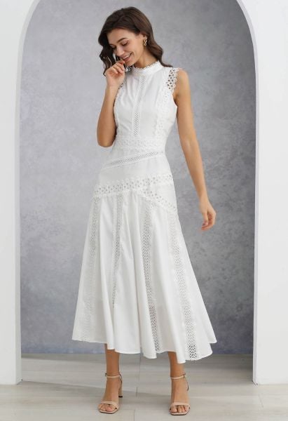 Dive into Elegance Lace Panelled Sleeveless Dress in White