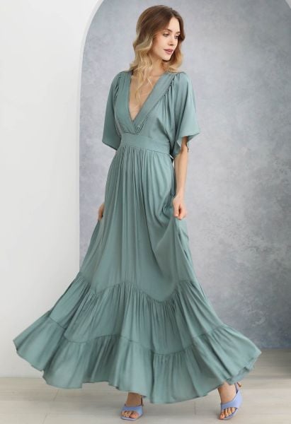 Subtle Romance Deep V-Neck Flutter Sleeve Maxi Dress in Teal