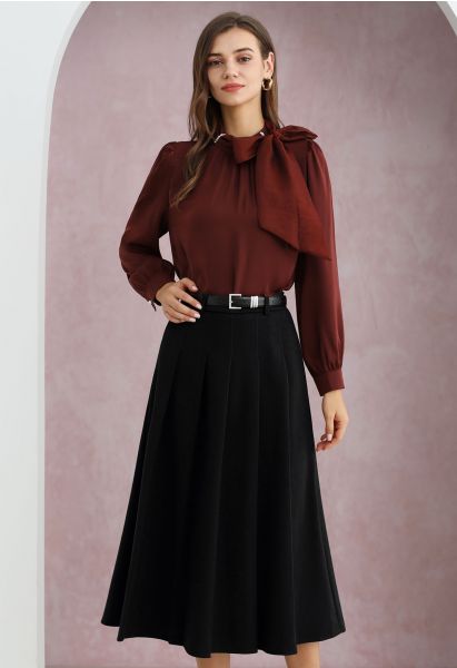 All Seasons Belted Pleated Midi Skirt in Black