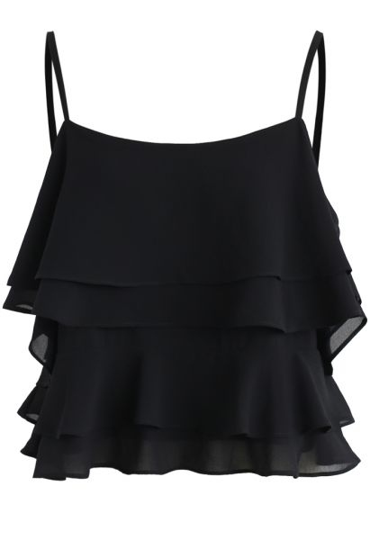 Tiered Animation Chiffon Cold-shoulder Top in Black