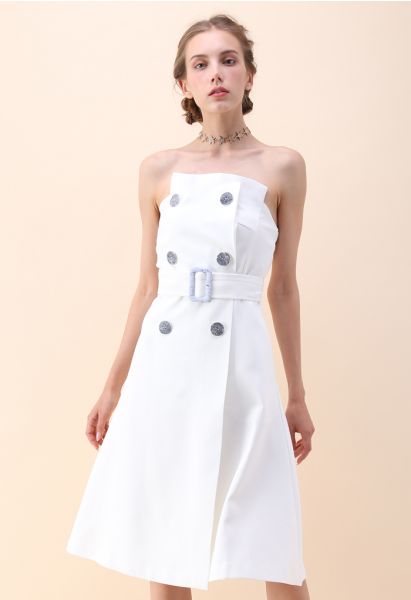 Charming Connection Double Breasted Strapless Dress in White