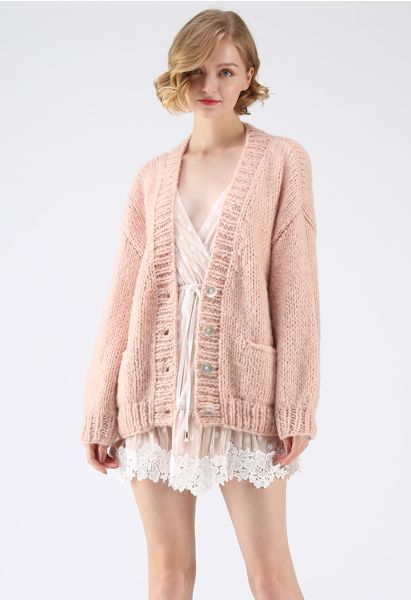 Pause for the Cozy Chunky Hand Knit Cardigan in Pink