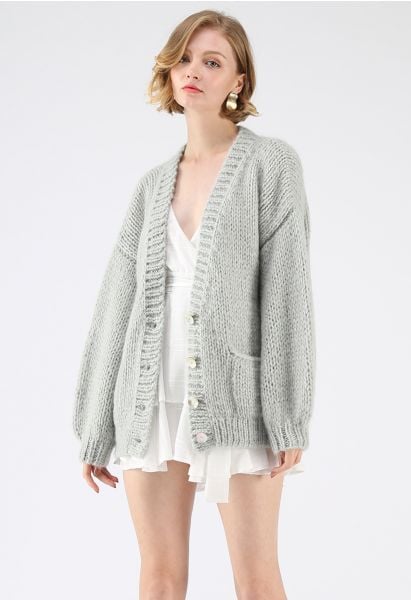 Pause for the Cozy Chunky Hand Knit Cardigan in Mint