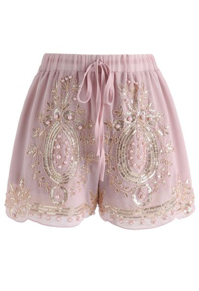 Shinning Pearls Trimming Chiffon Shorts in Pink