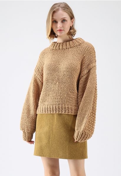 Chunky Chunky Puff Sleeves Cropped Sweater in Caramel