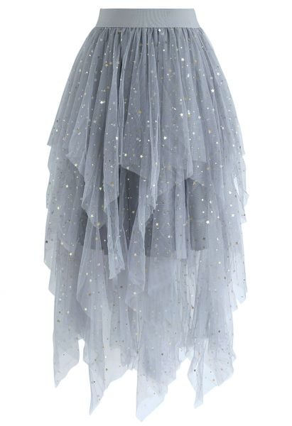 Shooting Stars Asymmetric Tiered Mesh Skirt in Blue