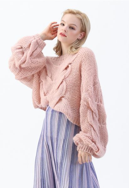 Hand-Knit Puff Sleeves Sweater in Pink