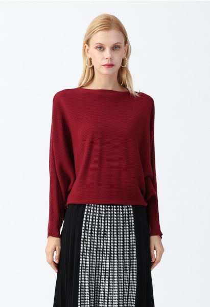 Boat Neck Batwing Sleeves Knit Top in Red