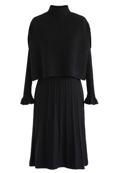 Mock Neck Pleated Knit Twinset Dress in Black