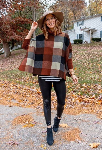 Lie in Check Fields Turtleneck Cape Sweater in Caramel