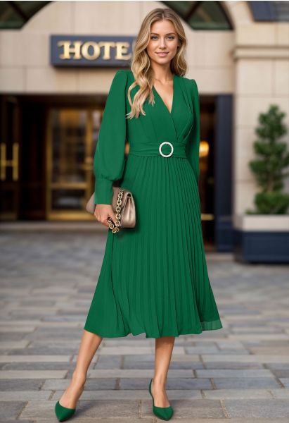 Graceful Pleats Faux-Wrap Belted Midi Dress in Green