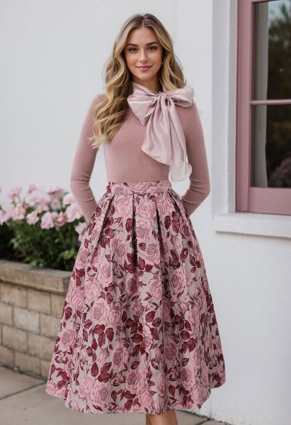 Enchanted Pink Rose Jacquard Pleated Midi Skirt