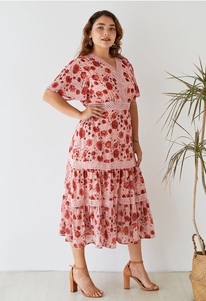 Red Floral Crochet Frilling Chiffon Dress