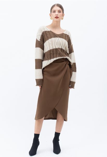 Flap Front Knot Side Midi Petal Skirt in Caramel