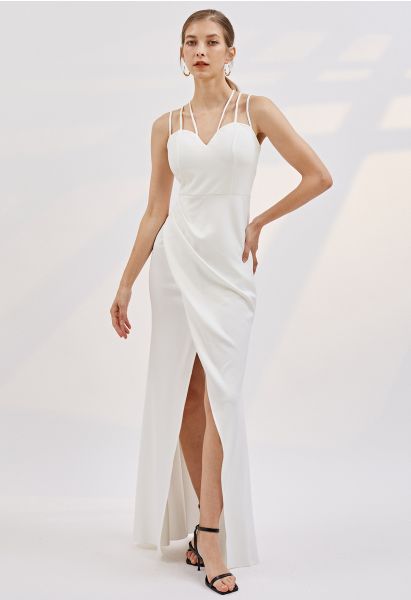 Multiple Straps Ruched Flap Slit Mermaid Gown in White