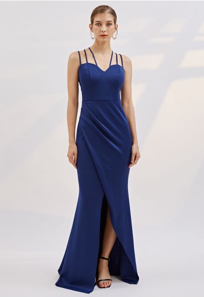 Multiple Straps Ruched Flap Slit Mermaid Gown in Navy