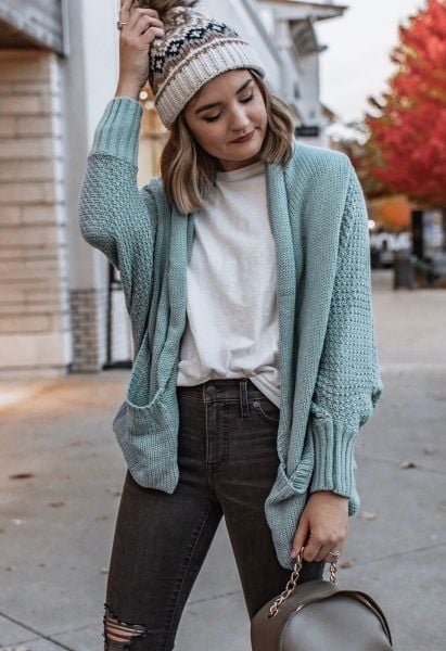 Open Front Drape Knit Cardigan in Blue