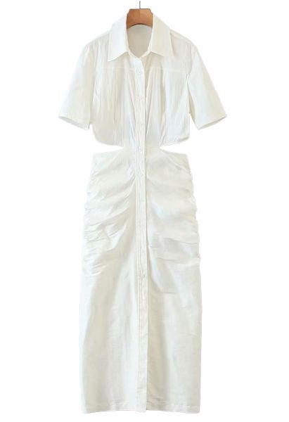 Cutout Waist Side Ruched Shirt Dress in White