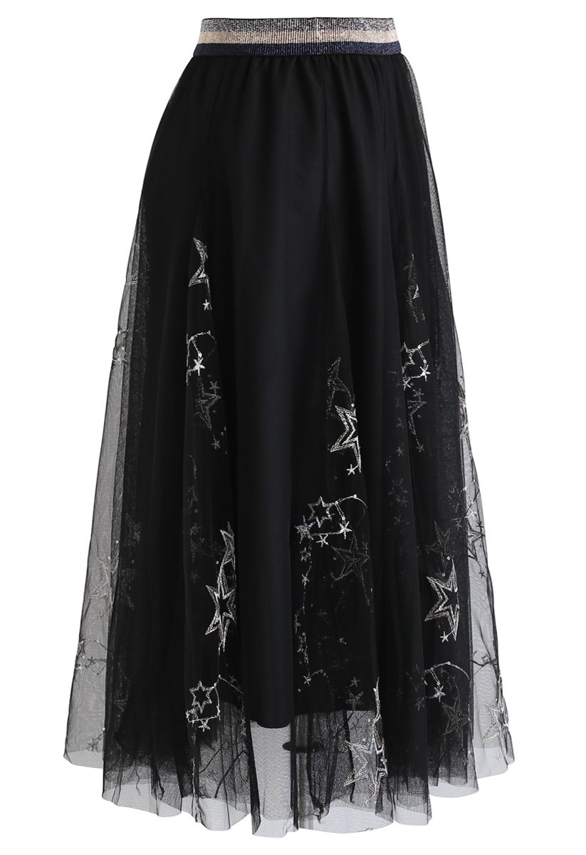 Sequined Embroidered Star Mesh Tulle Skirt in Black - Retro, Indie and ...