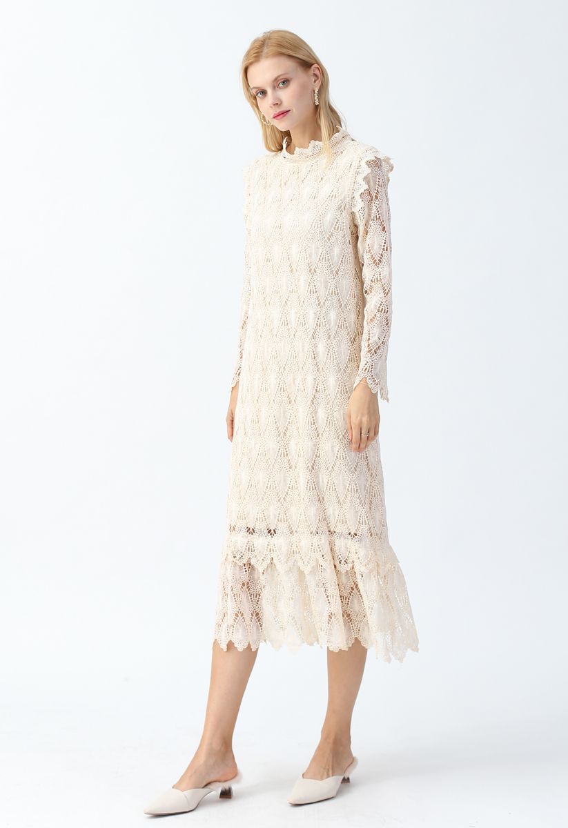Full Crochet Sleeves Shift Dress in Cream