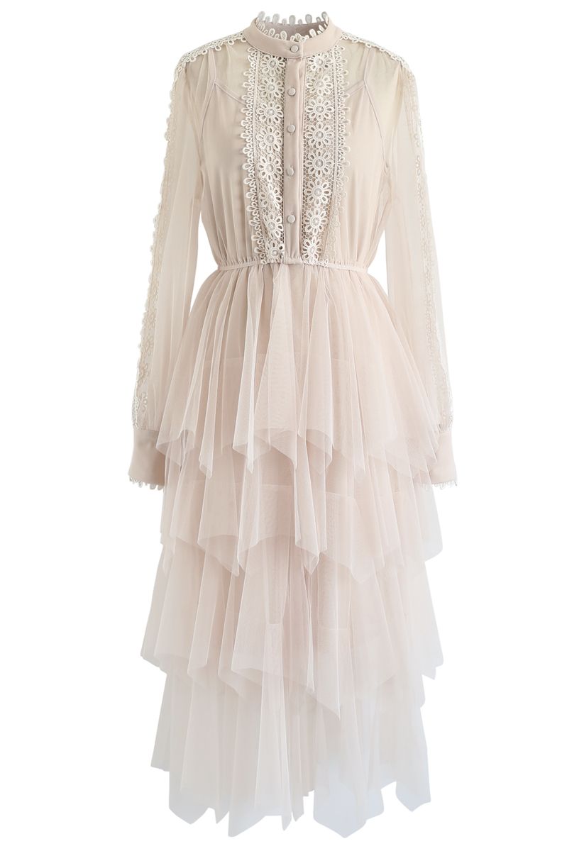 Lacy Sleeves Tiered Mesh Dress in Cream