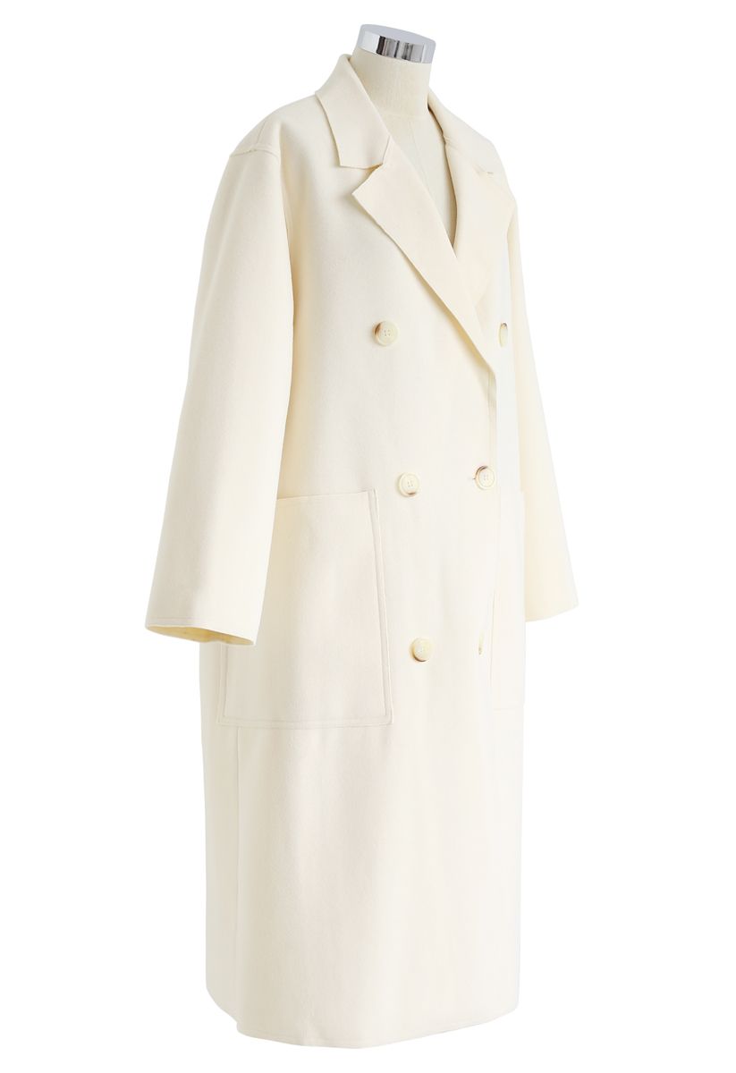 Double-Breasted Wool-Blend Coat in Cream