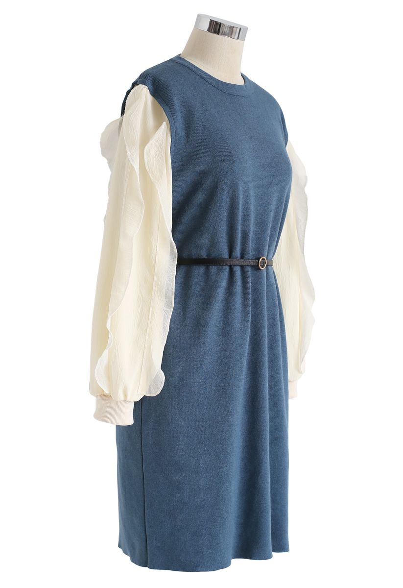 Belted Ruffle Sleeves Spliced Knit Shift Dress in Blue