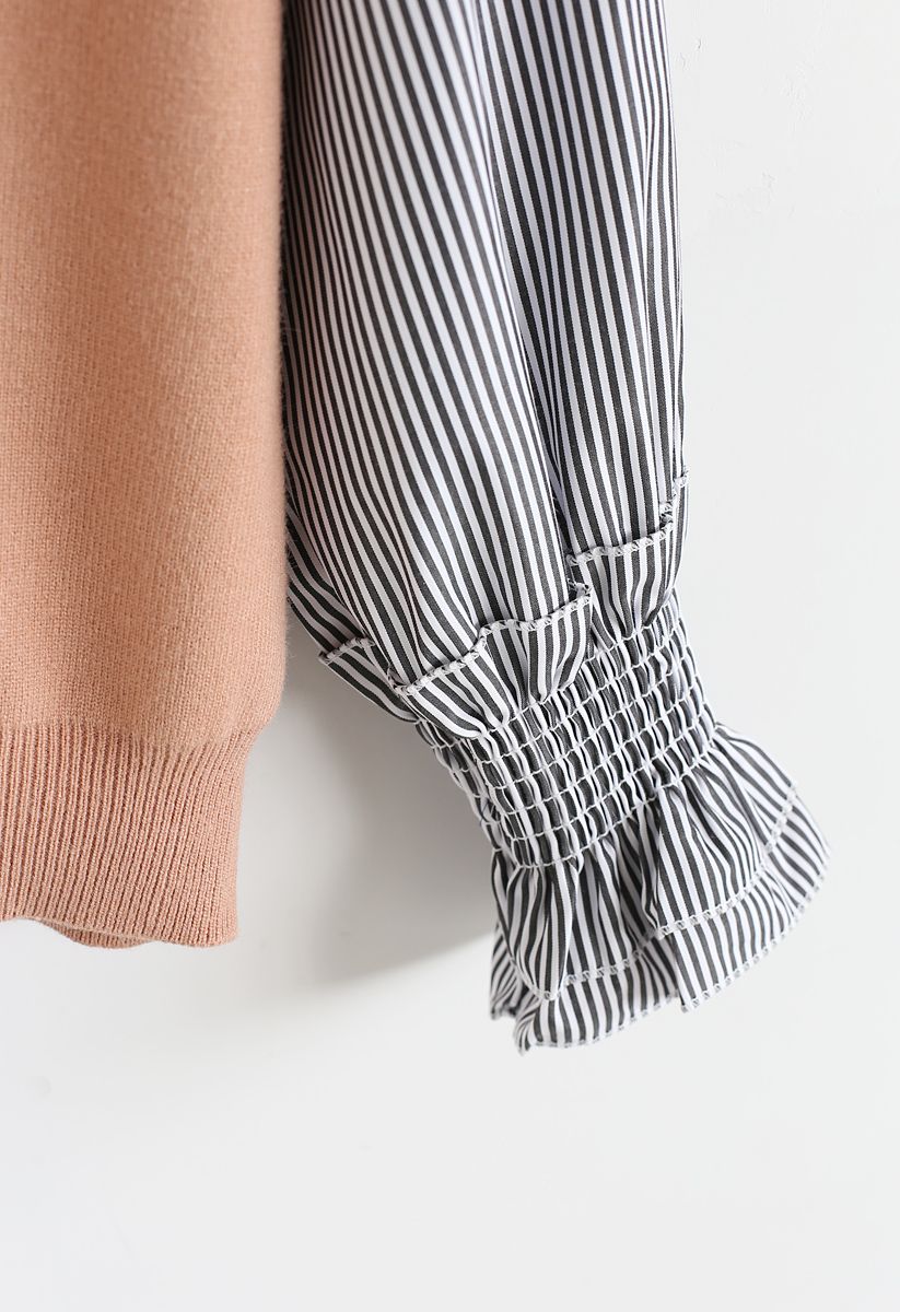 Stripe Sleeves Spliced Knit Top in Peach