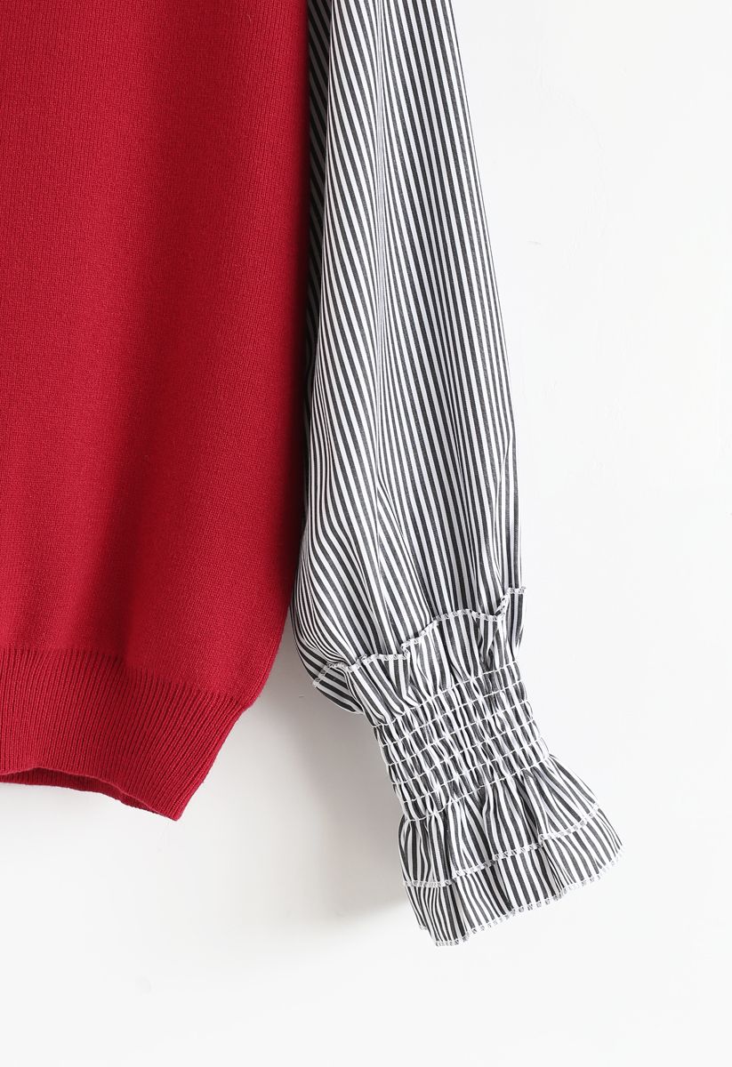 Stripe Sleeves Spliced Knit Top in Red