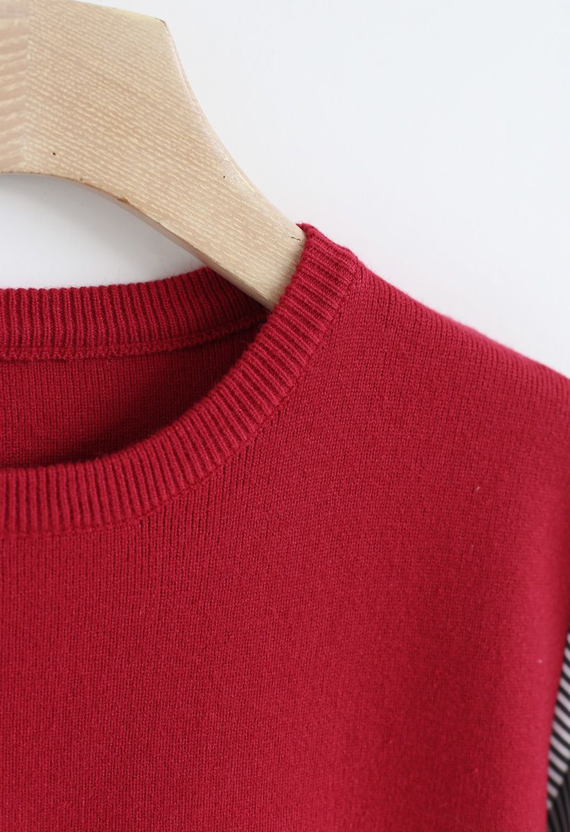Stripe Sleeves Spliced Knit Top in Red