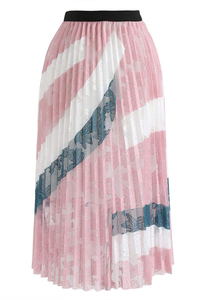 Floral Mesh Pleated Midi Skirt in Pink