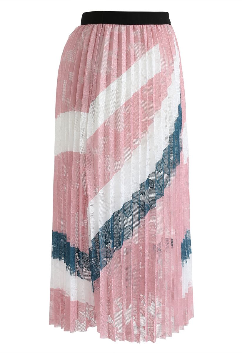 Floral Mesh Pleated Midi Skirt in Pink
