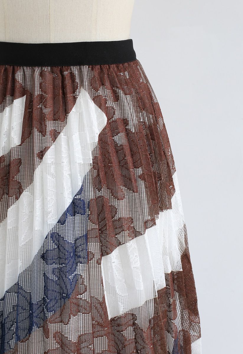 Floral Mesh Pleated Midi Skirt in Caramel