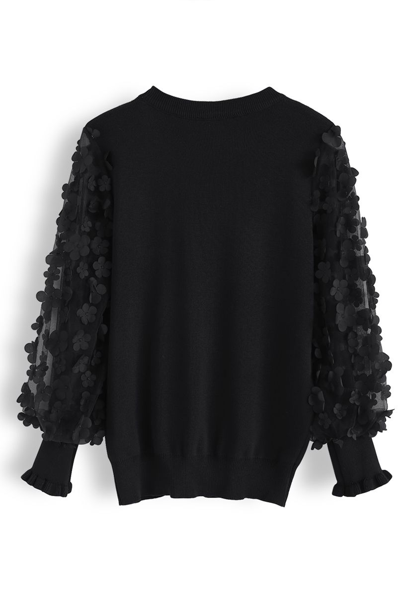 3D Flower Mesh Sleeves Knit Top in Black