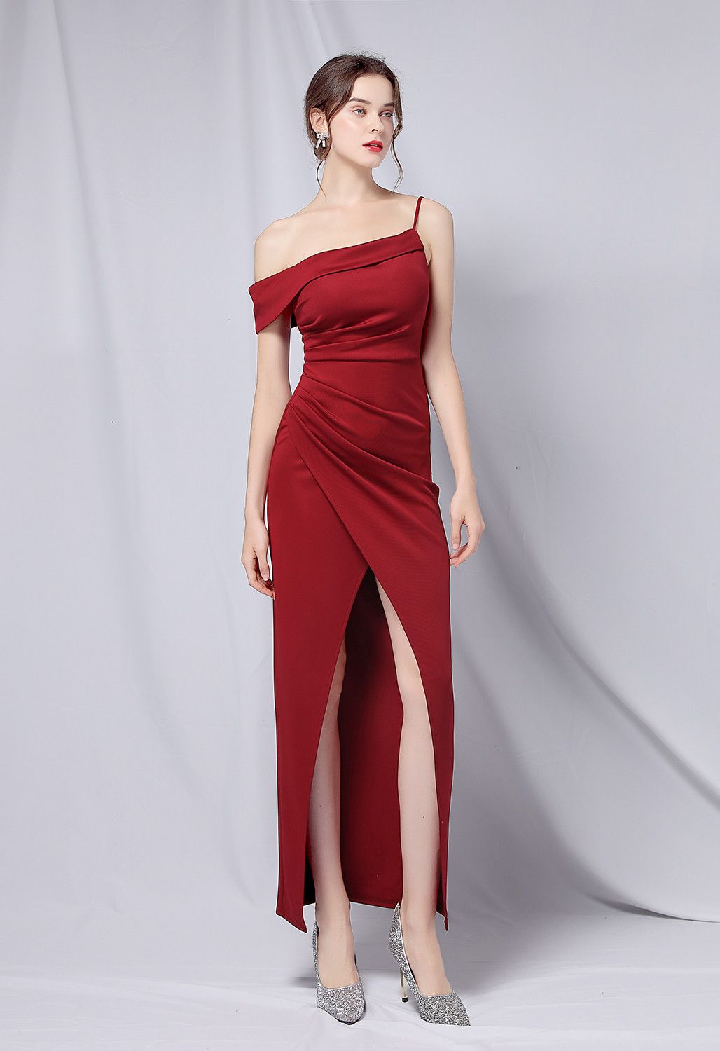 Single Strap Front Slit Gown in Burgundy