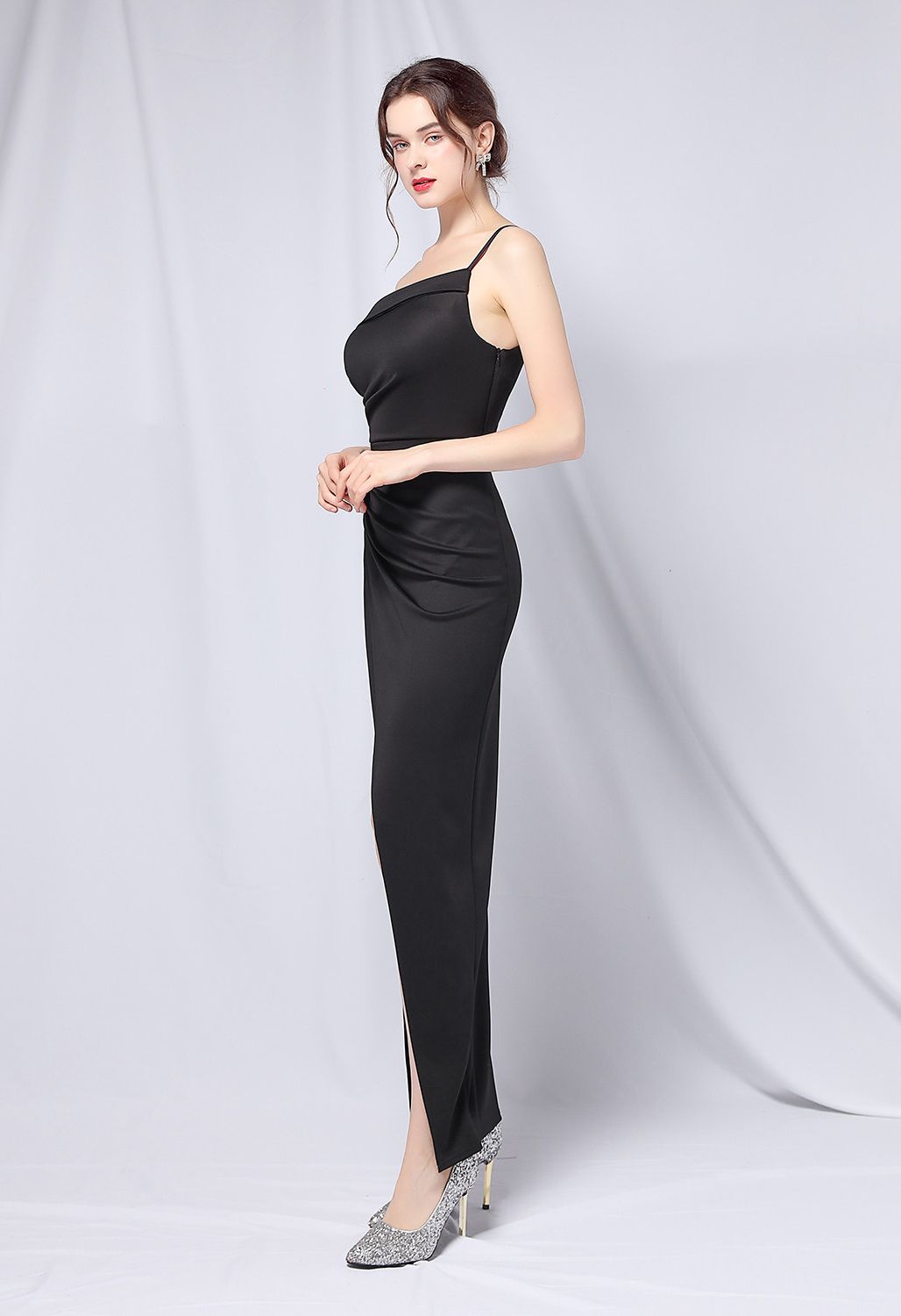 Single Strap Front Slit Gown in Black