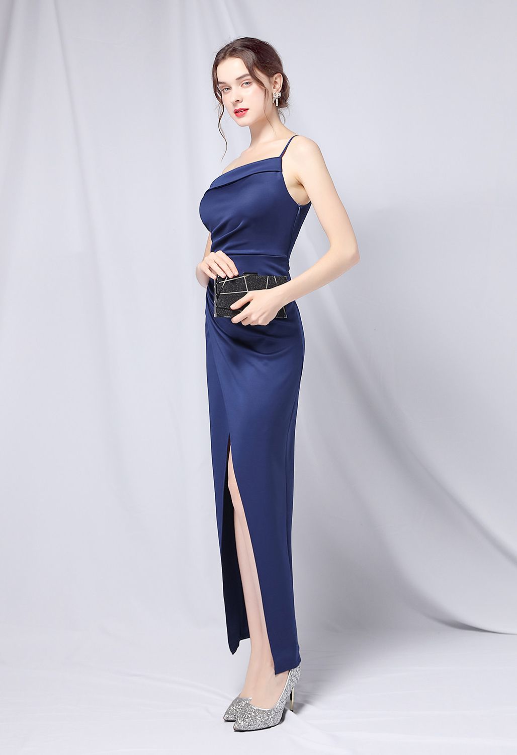 Single Strap Front Slit Gown in Navy